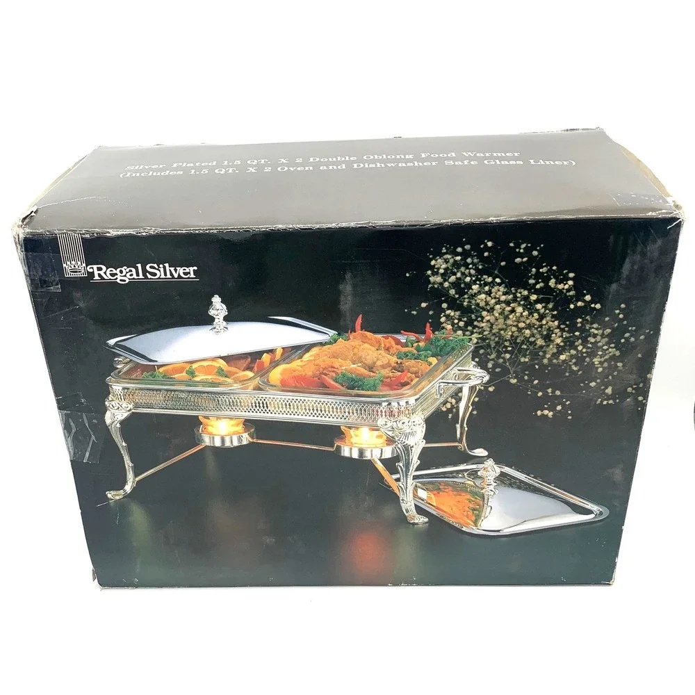 Vintage Regal Silver Plated Double 1.5QT Oblong Chafing Dish Food Warmer Set NIB